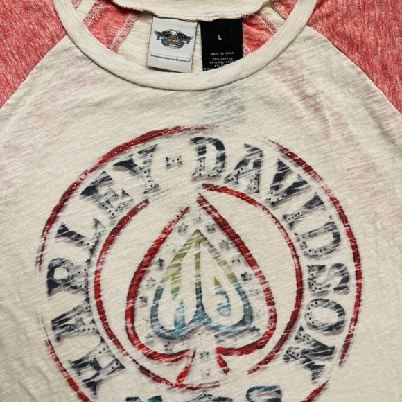 Women’s Harley Davidson Spade Burnout Shirt Raglan Ivory Red Crystals Bling LG - Picture 3 of 6